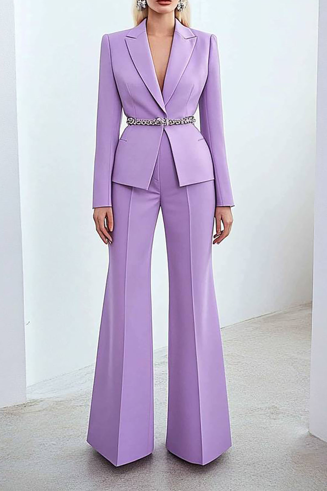 Semi-Formal Party Suit Purple Long Sleeve Belt Wide-Legged Pants Set