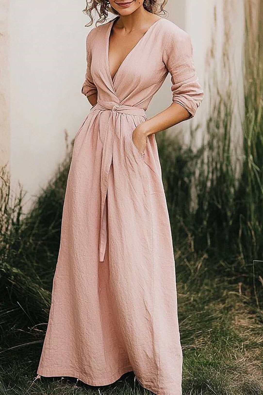 Daily Casual Linen Dress Light Pink Cross Neck Pocket Floor-Length Dre