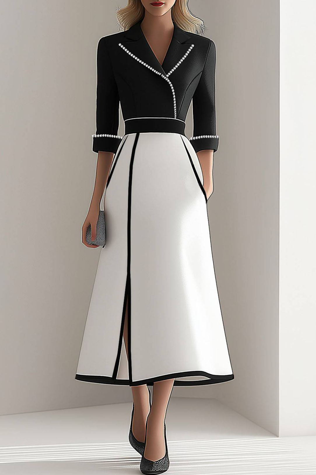 Black and white work dress with lapel and pearl details