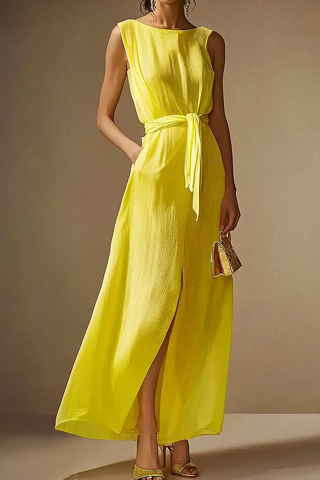 Daily Casual Dress Yellow Sleeveless Round Neck Slit with Pockets Maxi
