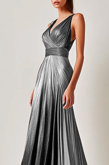 Formal Party V Neck Elegant Silver-Brown Gradient Maxi Dress