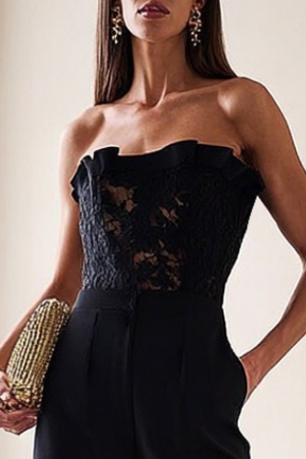 Party Jumpsuit Black Strapless Lace Jumpsuit