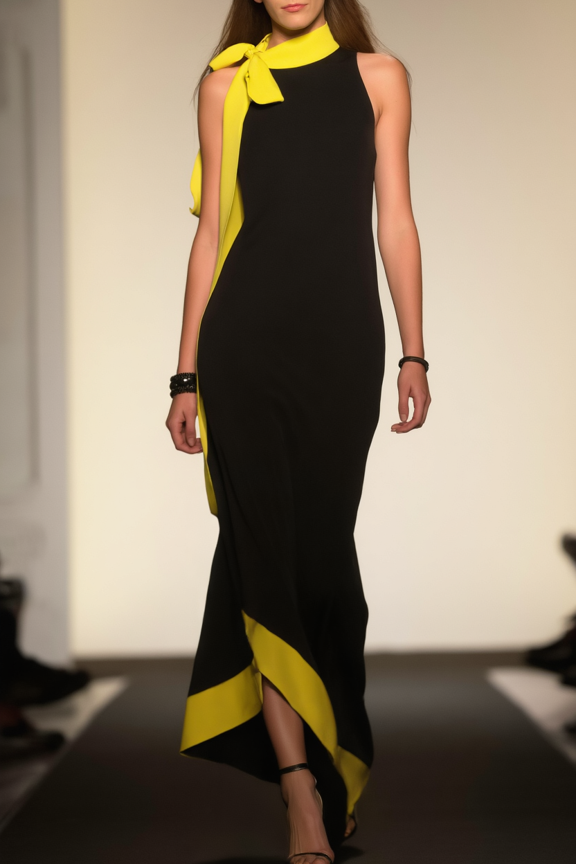 Party Dress​ Black Stand Collar Colorblock Maxi Dress