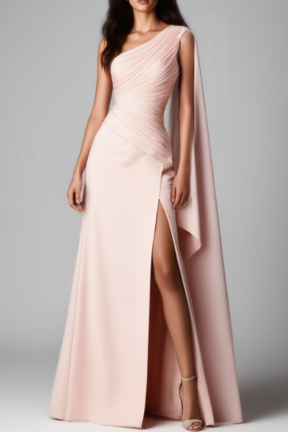 Evening Dress​ Pink One Shoulder Cape Slit Floor-Length Dress