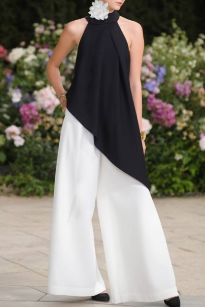 Casual Outfit Sets Black White Halter Neck Wide-Leg