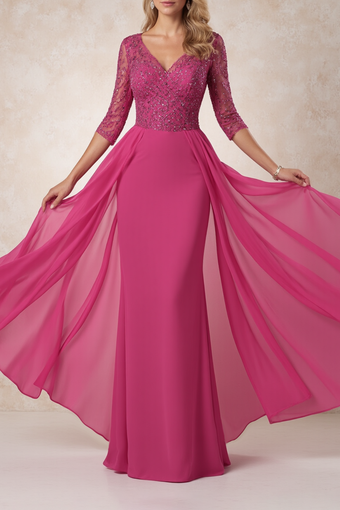 Evening Mom Dress​ Fuchsia V Neck With Train Lace Floor-Length Dress