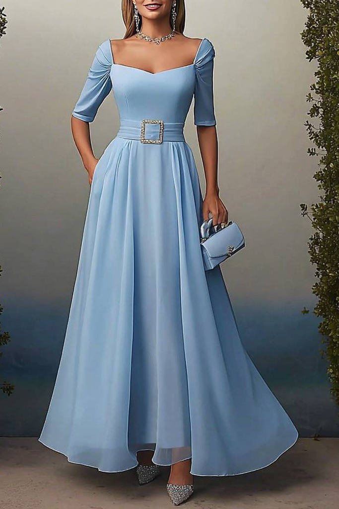 Formal Swing Dress Blue Sweetheart Neck Belted Maxi Dress