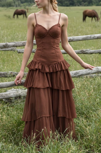 Bohemian Tiered Dress Brown Spaghetti Strap Maxi Dress