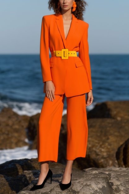 Work Blazer Suit Orange Lapel Belted Long Sleeve Pants Set 