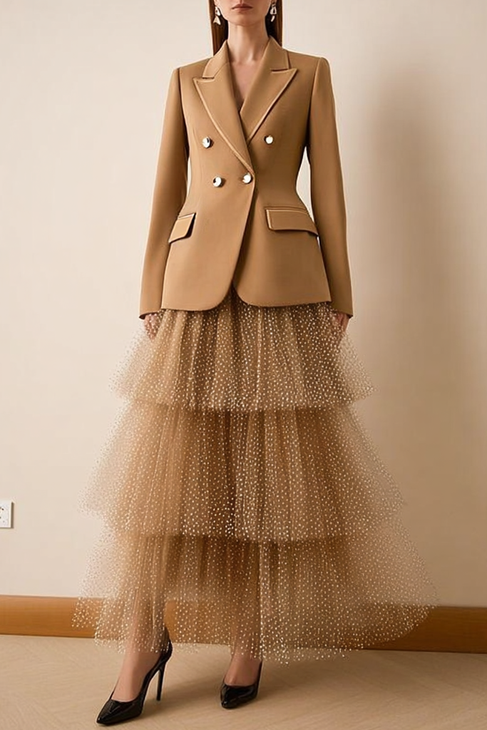 Party Suit Sets Khaki Lapel Long Sleeve Tiered Dress Maxi Skirt Set