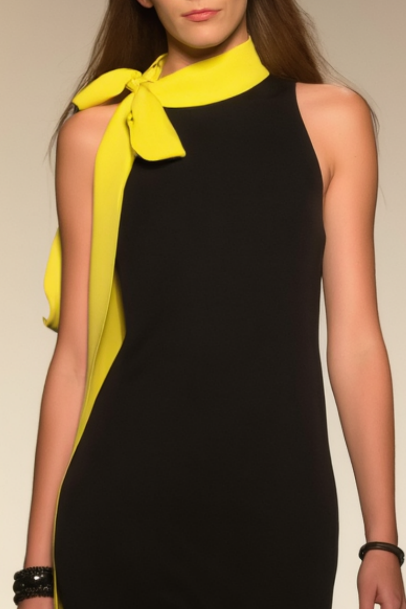 Party Dress​ Black Stand Collar Colorblock Maxi Dress