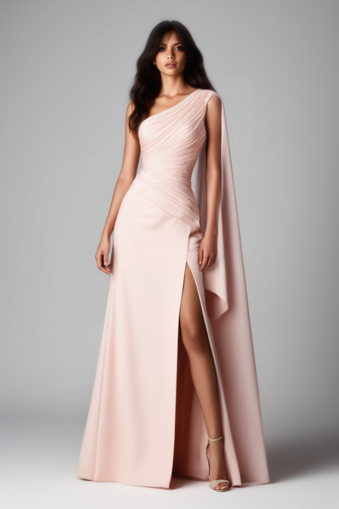 Evening Dress​ Pink One Shoulder Cape Slit Floor-Length Dress