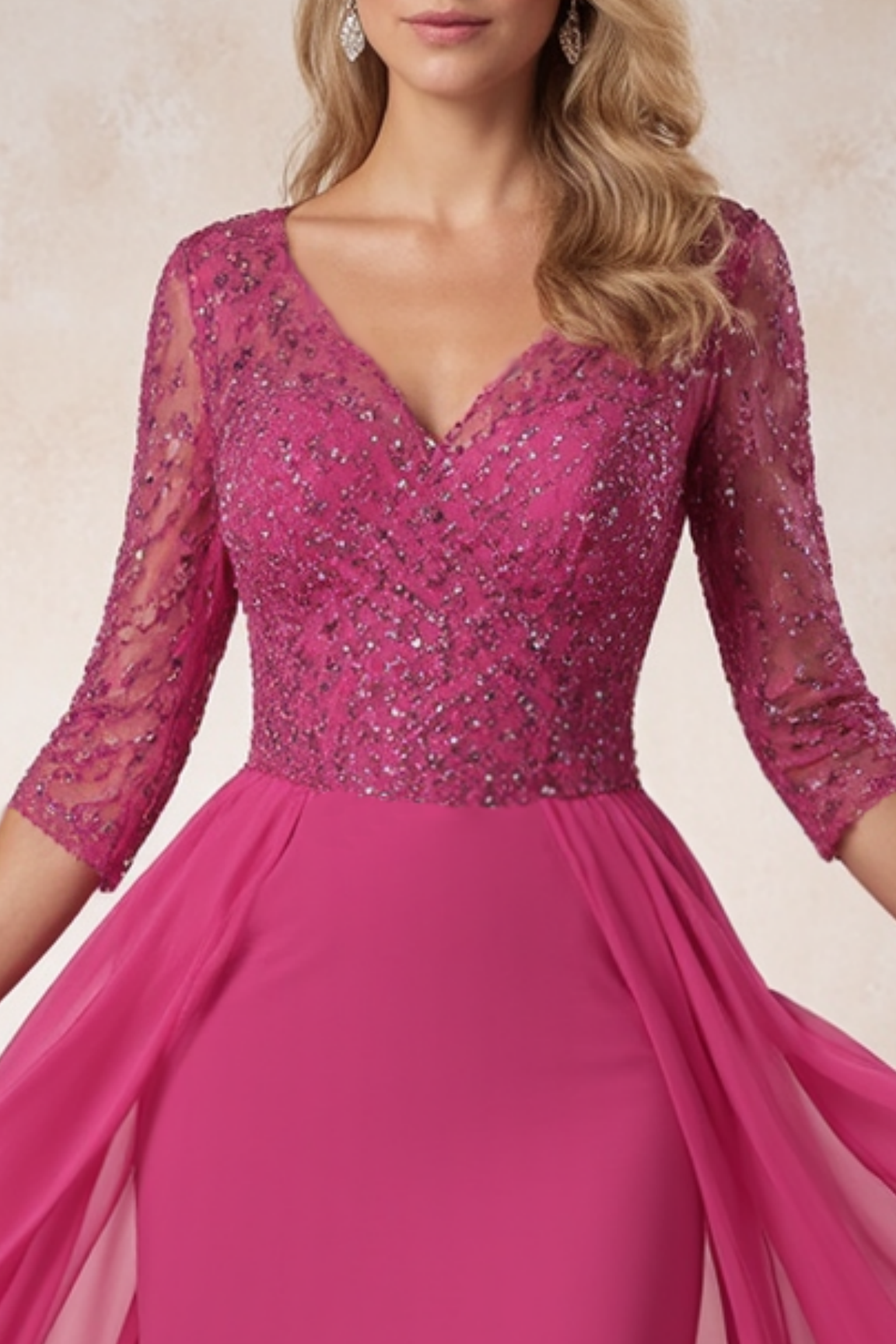 Evening Mom Dress​ Fuchsia V Neck With Train Lace Floor-Length Dress