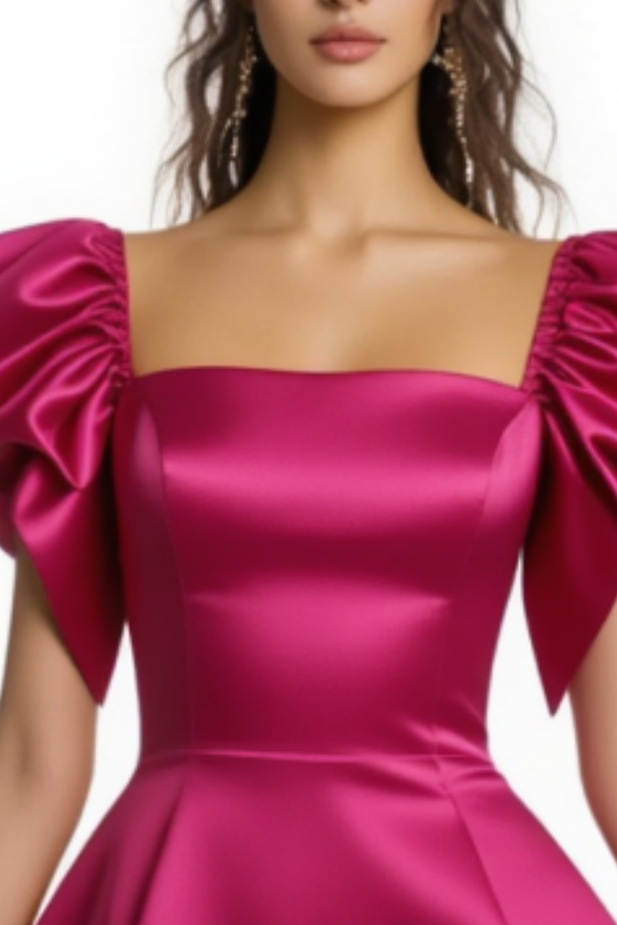 Homecoming​ Party Satin Dress​​ Fuchsia Square Neck Mini Dress