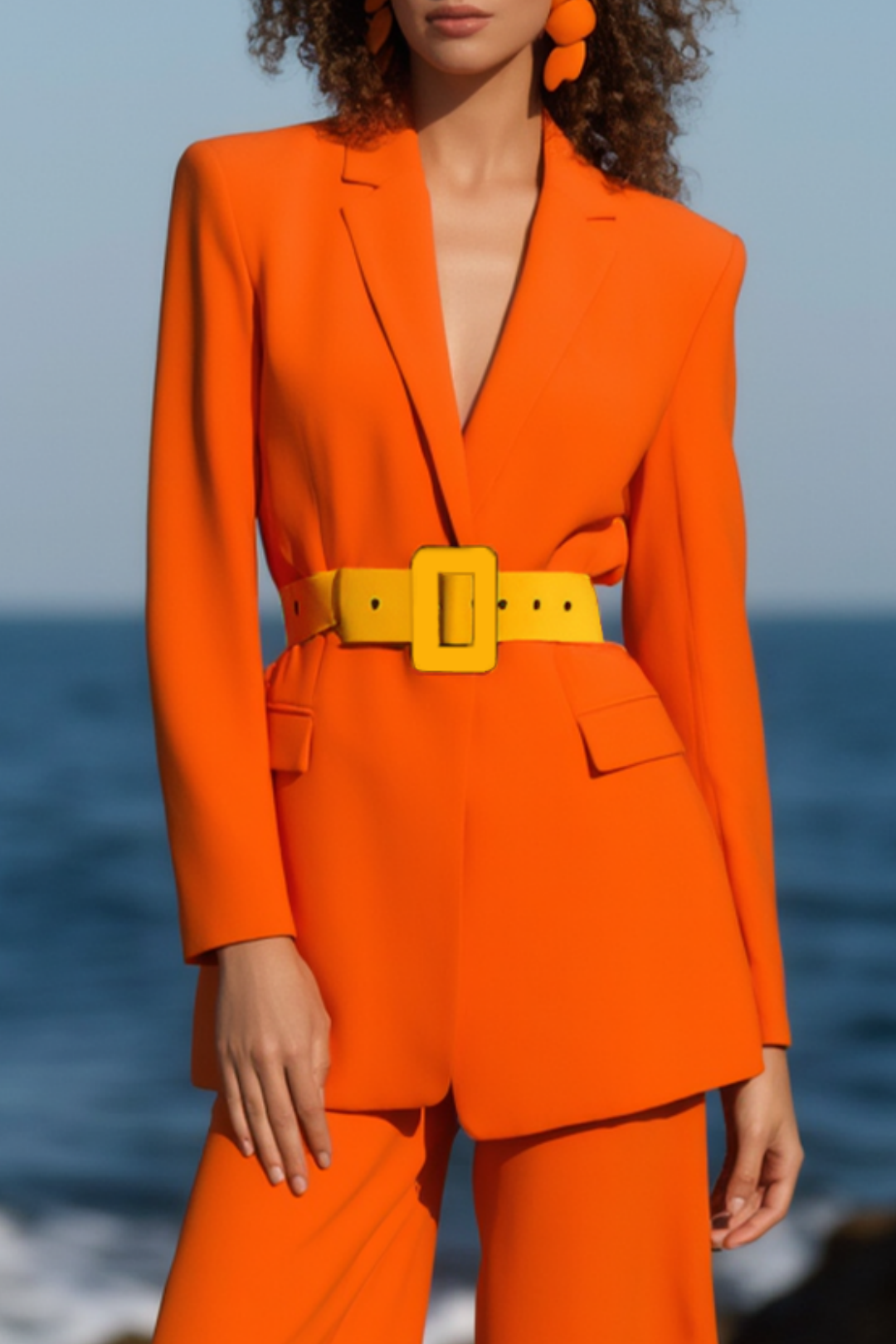 Work Blazer Suit Orange Lapel Belted Long Sleeve Pants Set 