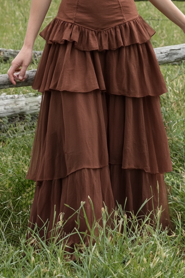 Bohemian Tiered Dress Brown Spaghetti Strap Maxi Dress