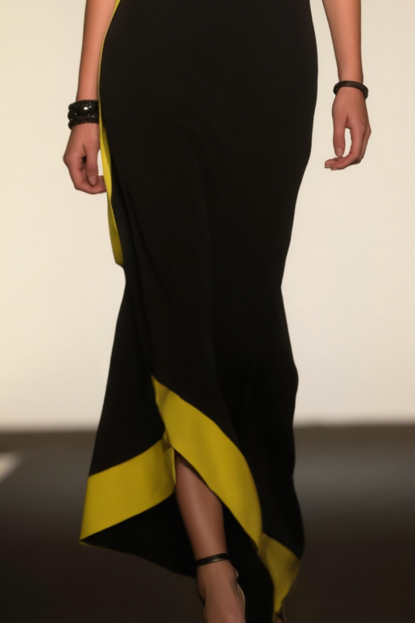 Party Dress​ Black Stand Collar Colorblock Maxi Dress