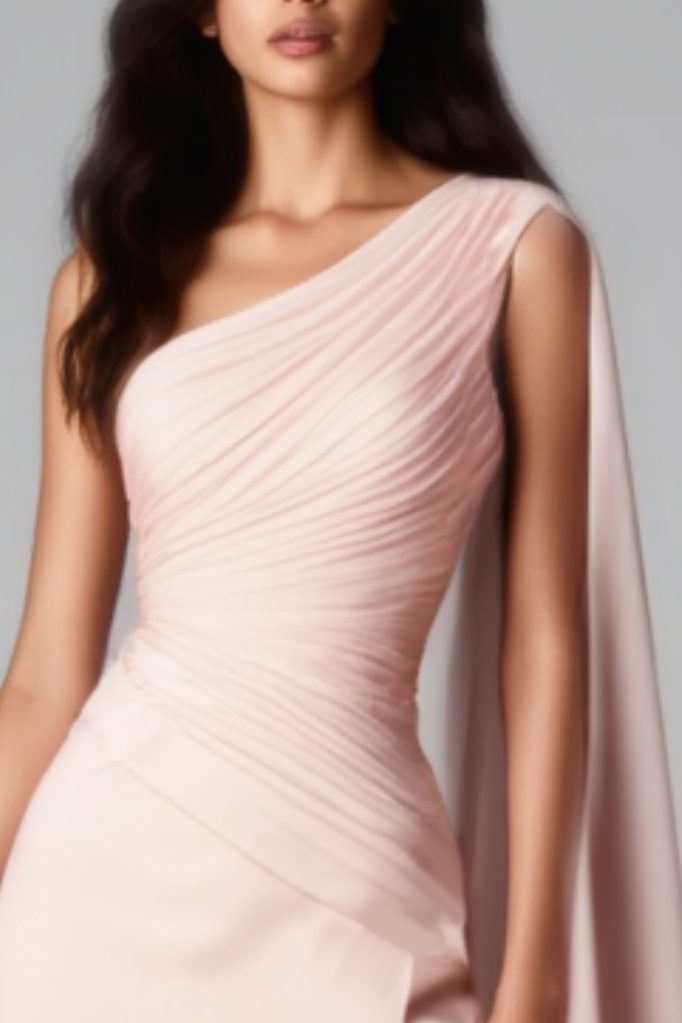 Evening Dress​ Pink One Shoulder Cape Slit Floor-Length Dress