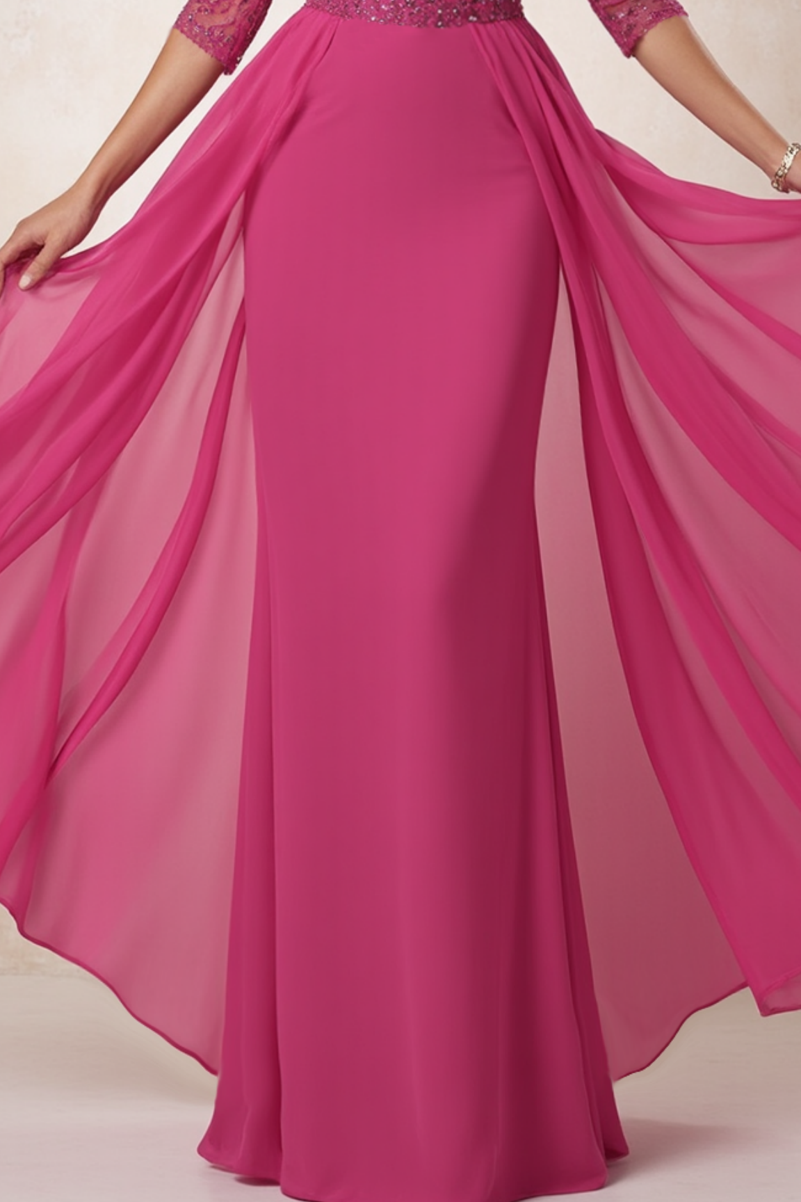 Evening Mom Dress Fuchsia V Neck With Train Lace Floor-Length Dress