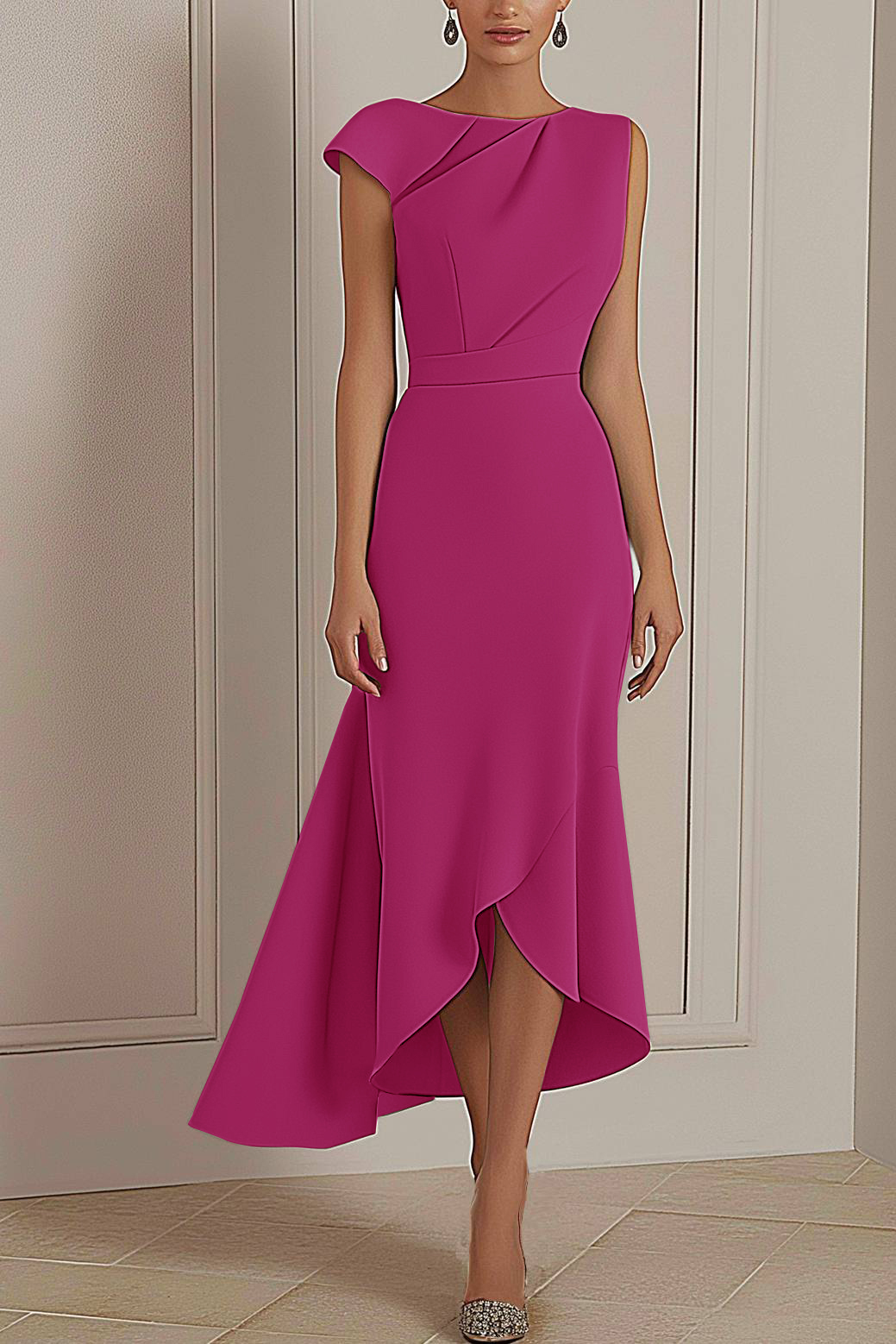 Daily Party Dress Sage Green Round Neck Asymmetric Midi Dress