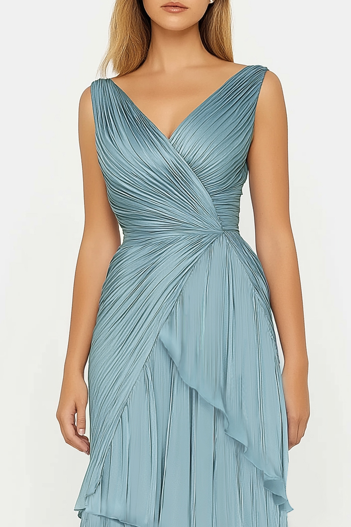 Formal Tiered Layer Dress Blue Sleeveless Pleated V-Neck Floor-Length Gown