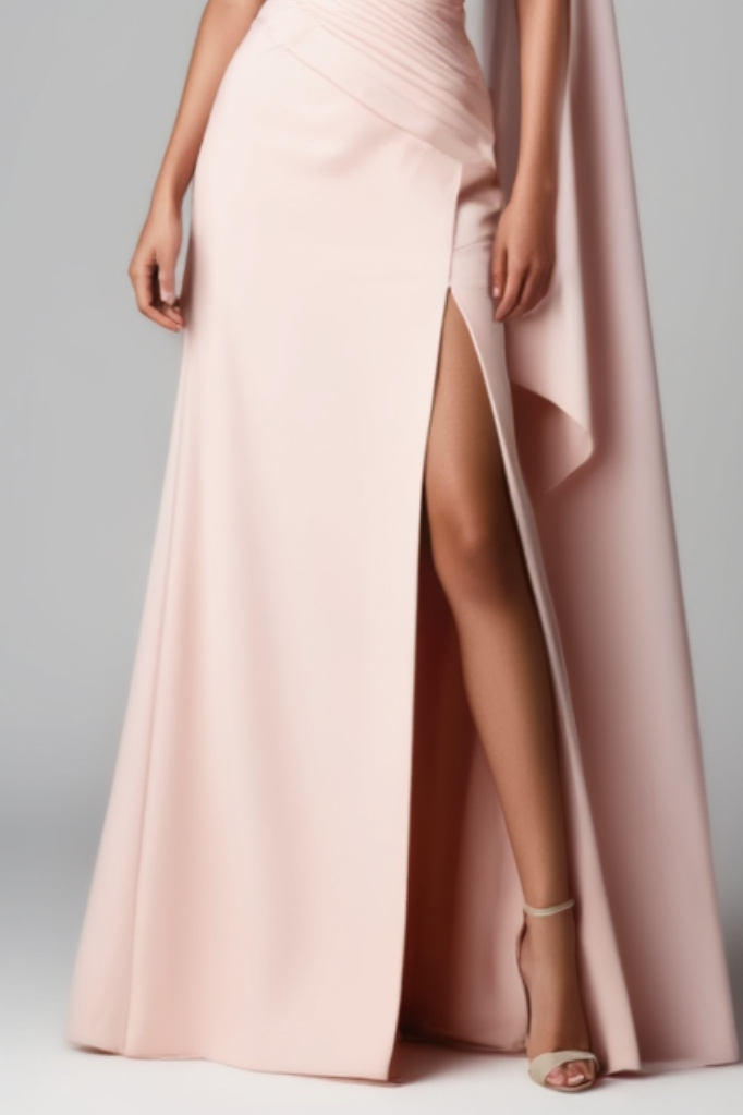 Evening Dress Pink One Shoulder Cape Slit Floor-Length Dress