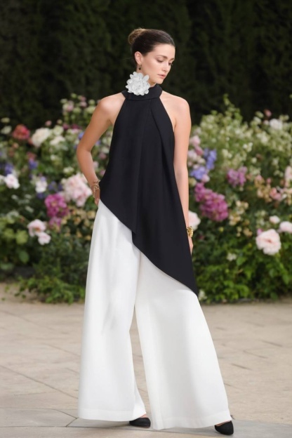 Casual Outfit Sets Black White Halter Neck Wide-Leg