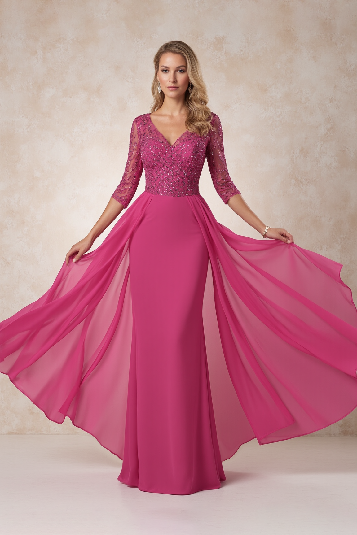 Evening Mom Dress Fuchsia V Neck With Train Lace Floor-Length Dress