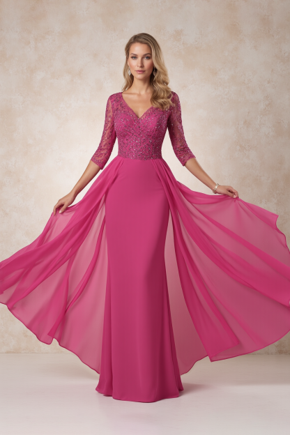 Evening Mom Dress​ Fuchsia V Neck With Train Lace Floor-Length Dress