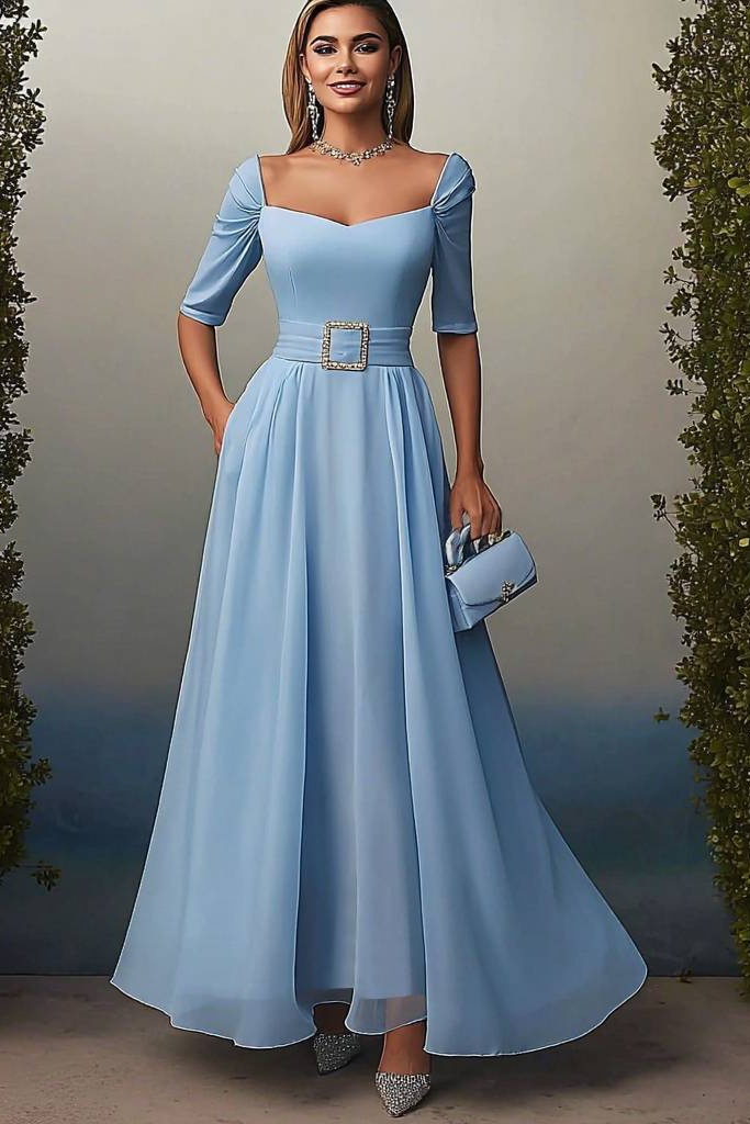 Formal Swing Dress Blue Sweetheart Neck Belted Maxi Dress
