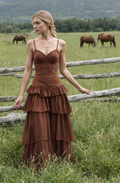 Bohemian Tiered Dress Brown Spaghetti Strap Maxi Dress