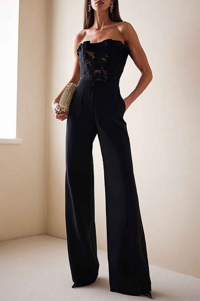 Party Jumpsuit Black Strapless Lace Jumpsuit