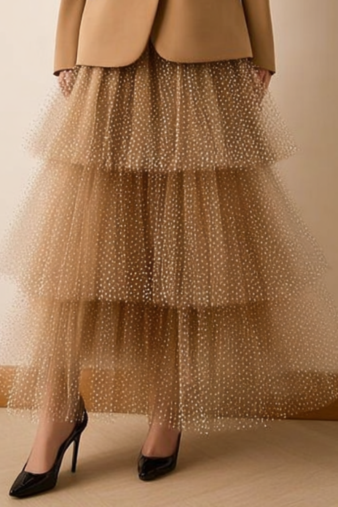 Party Suit Sets Khaki Lapel Long Sleeve Tiered Dress Maxi Skirt Set