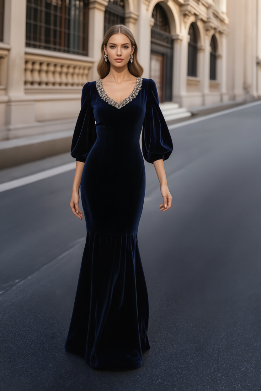 Formal Evening Dress Navy V Neck Maxi Velvet Mermaid Dress