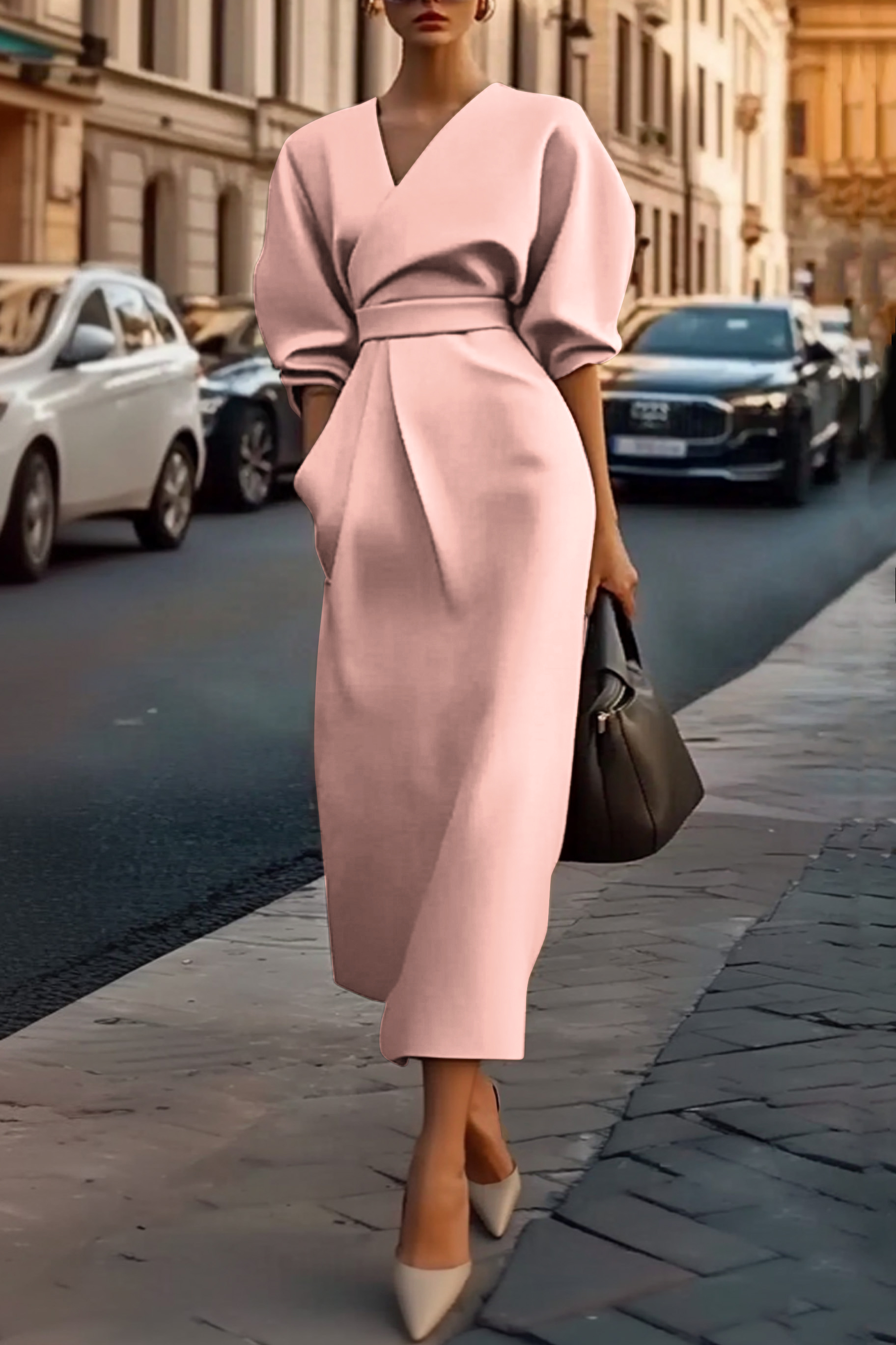 Khaki V Neck Work Dress Puff Sleeve Midi with Pocket