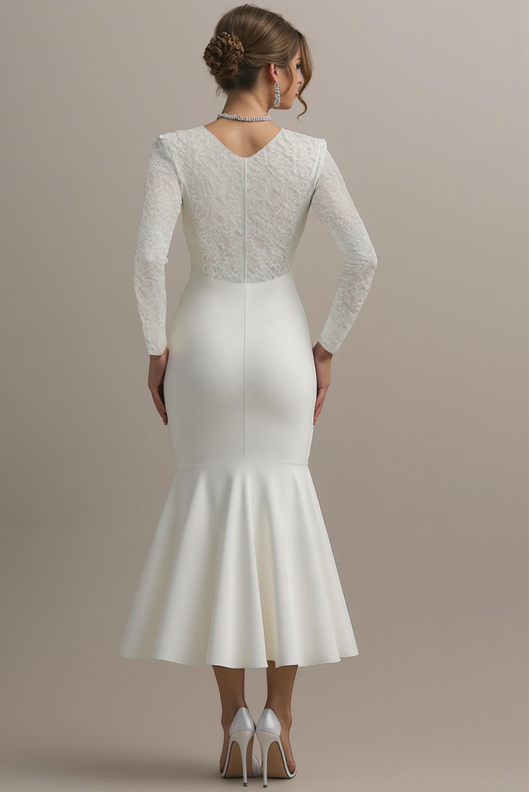 Simple ​Wedding Dress White V Neck Lace Midi Long Sleeve Mermaid Dress