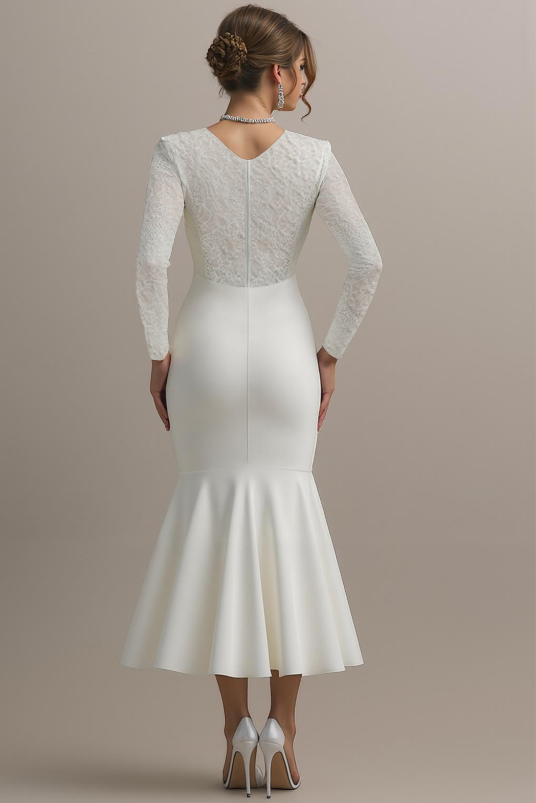 Simple ​Wedding Dress White V Neck Lace Midi Long Sleeve Mermaid Dress