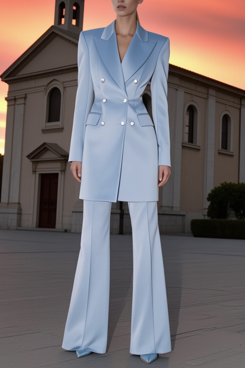 Business Blazer Suit Sets Blue Lapel Long Sleeve Pants Set