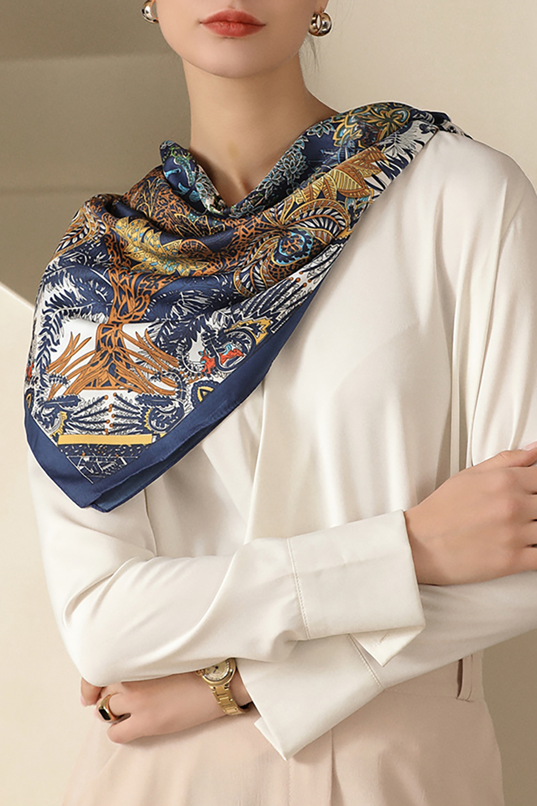 Plant Print Silk Scarf Blue and Pink Square Scarf Bag Accessories Silk Scarf