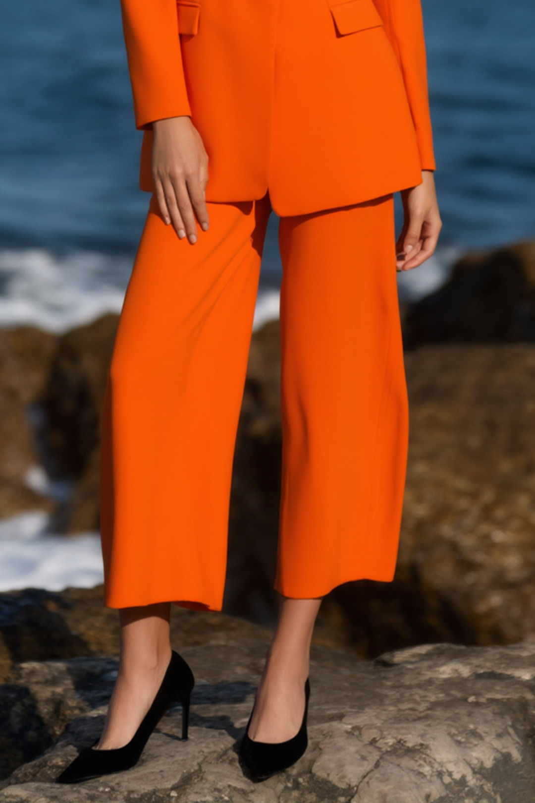 Work Blazer Suit Orange Lapel Belted Long Sleeve Pants Set