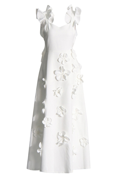 Party Flower Maxi Dress White 3D Flower Dress-chiclody