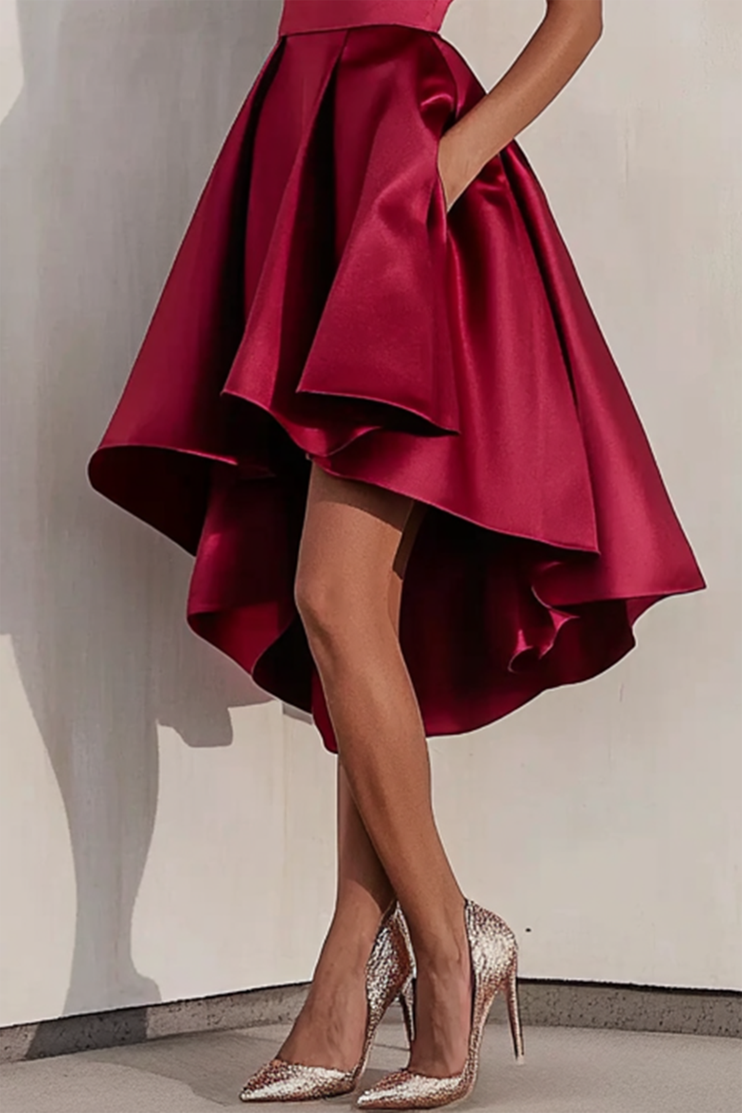 Women's Party Cocktail Christmas Dress Wine Red  Midi Dress Asymmetrical Hem