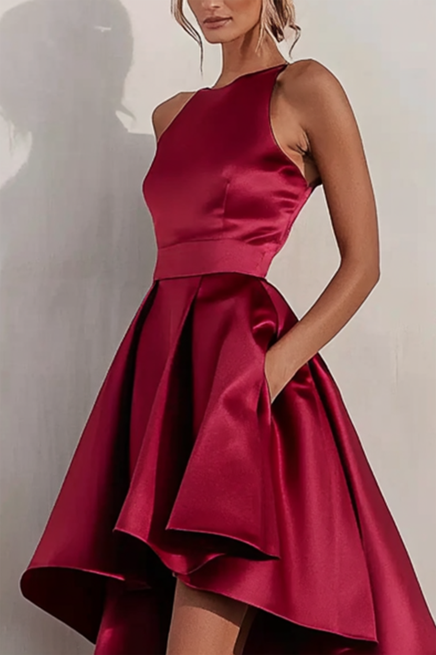 Women's Party Cocktail Christmas Dress Wine Red  Midi Dress Asymmetrical Hem