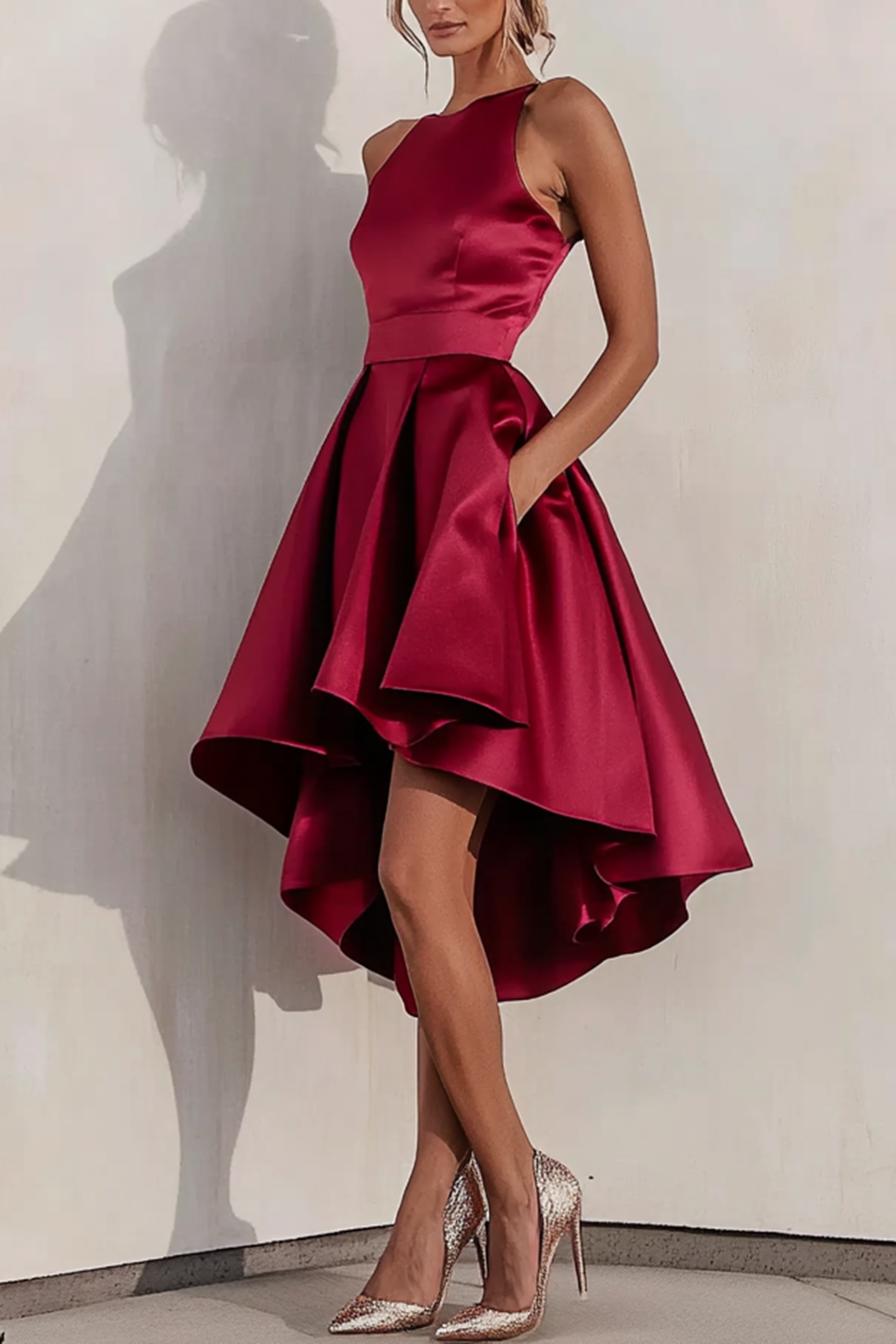Women's Cocktail Party Dress WineRed Ruffle Sleeve Midi Dress Satin V