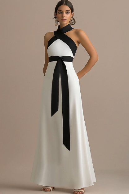 Formal Black and White Halter Cross-Neck Maxi Dress