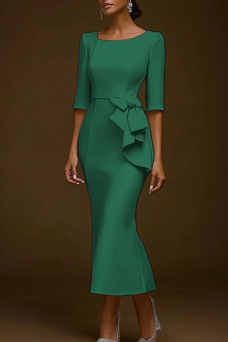 Work semi-formal midi dress with bow knot and half sleeves