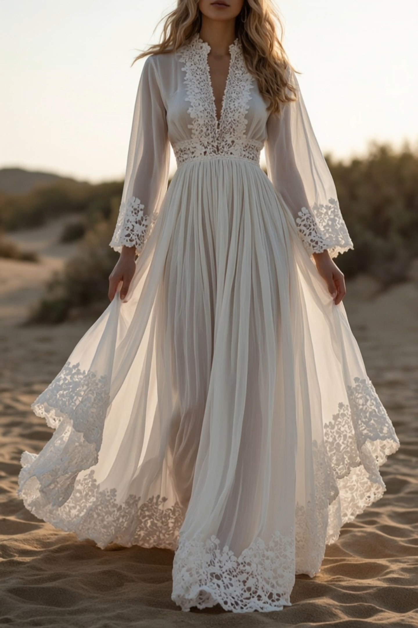 Boho Vacation Lace Dress White Deep V Maxi Dress