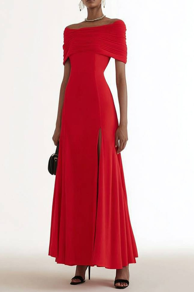 Formal Evening Dress Red Off Shoulder Slit Maxi Dress