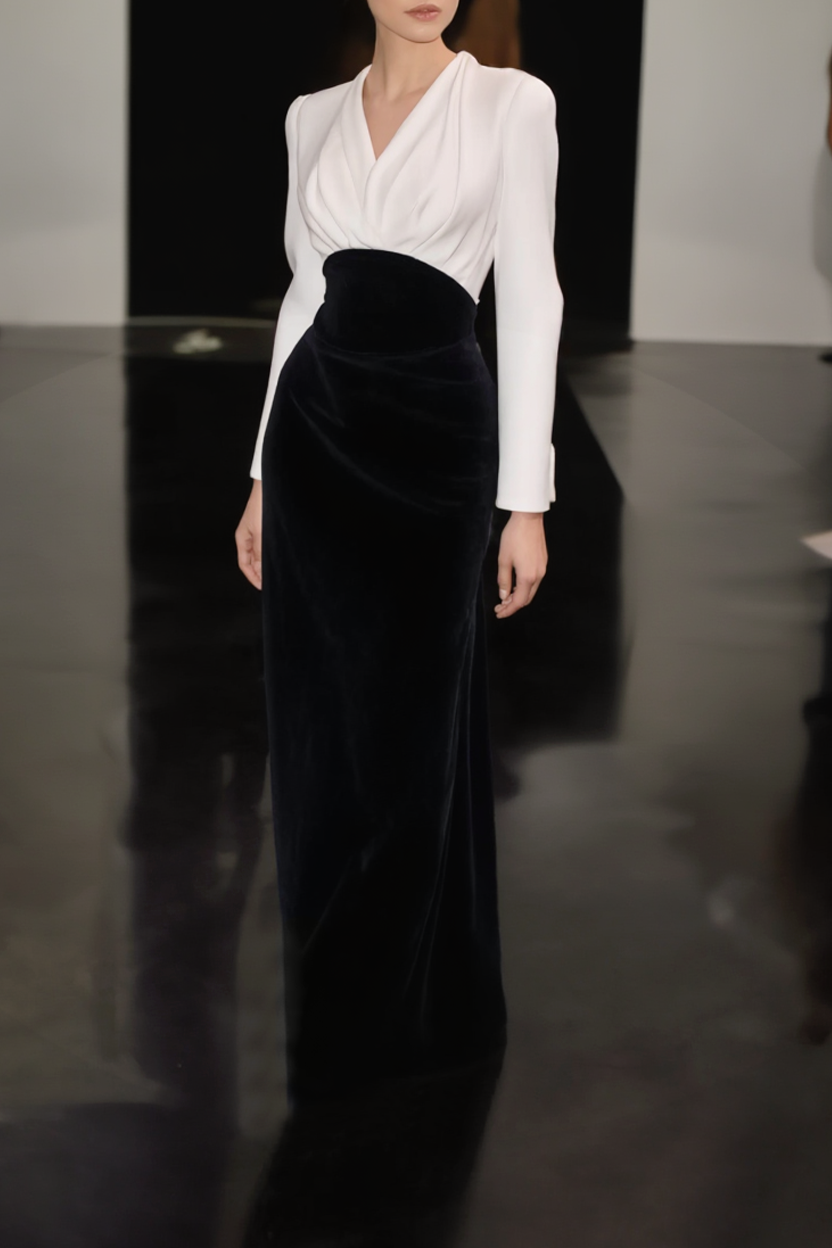 Formal Evening Dress Black White V Neck Maxi Velvet Dress