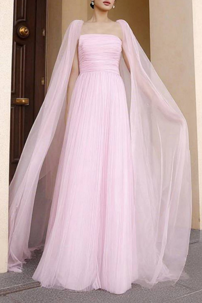 Formal Swing Dress Pink Strapless Cape Maxi Dress